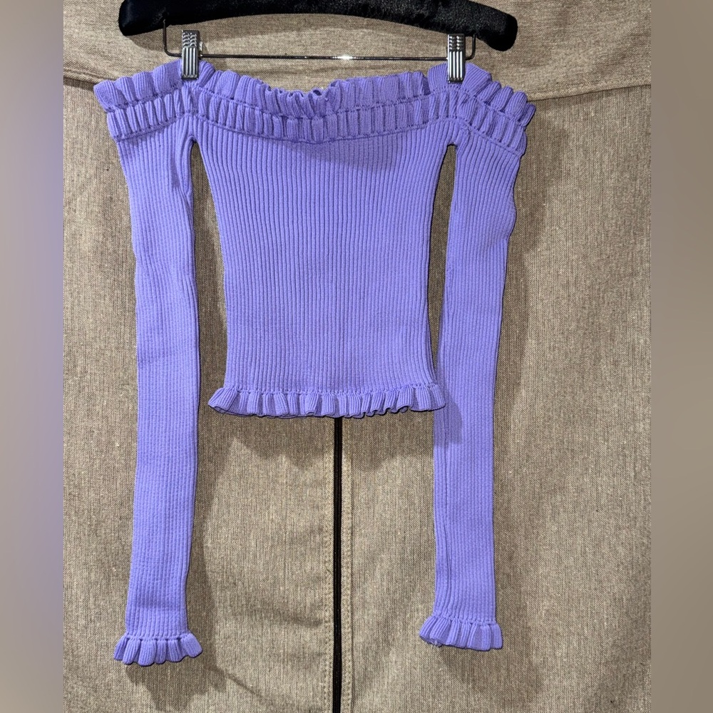 Armalife Size S Purple Off-the-Shoulder Ruffle Cropped Sweater